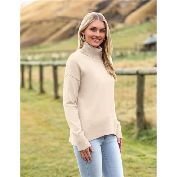 Womens Turtleneck Sweater Chunky Knit Pullover High Low Hem Fall Winter Top - Picture 3 of 5